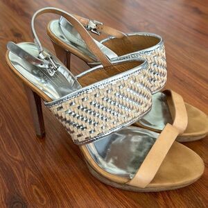 Coach silver and beige platform heels size 9 basket weave